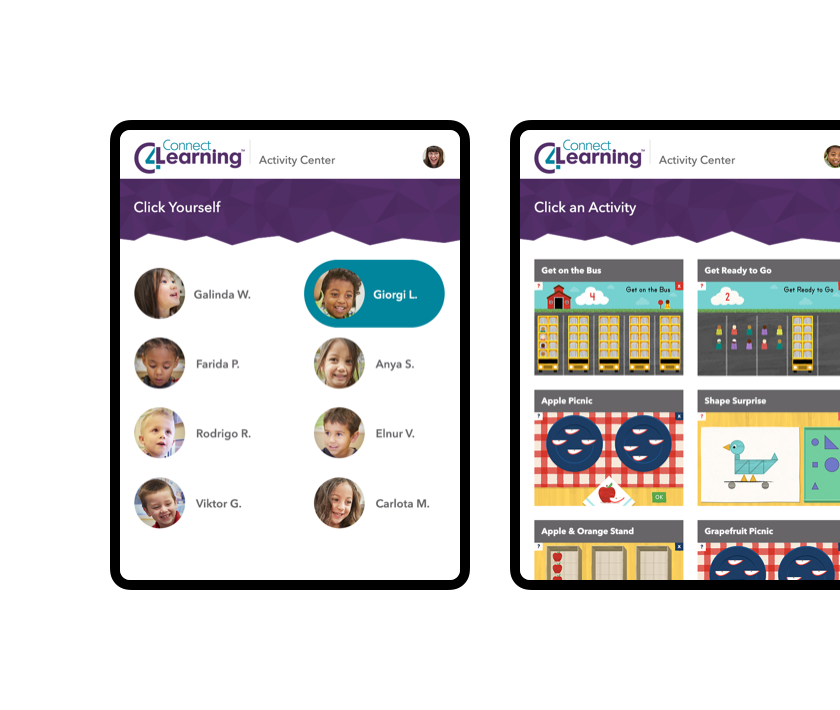 Screenshots of the Connect4Learning application as seen by students
